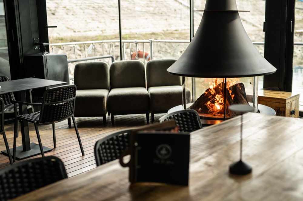 The wood-burning fireplace on board