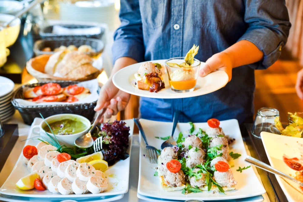 Cold starters on platters at the buffet table