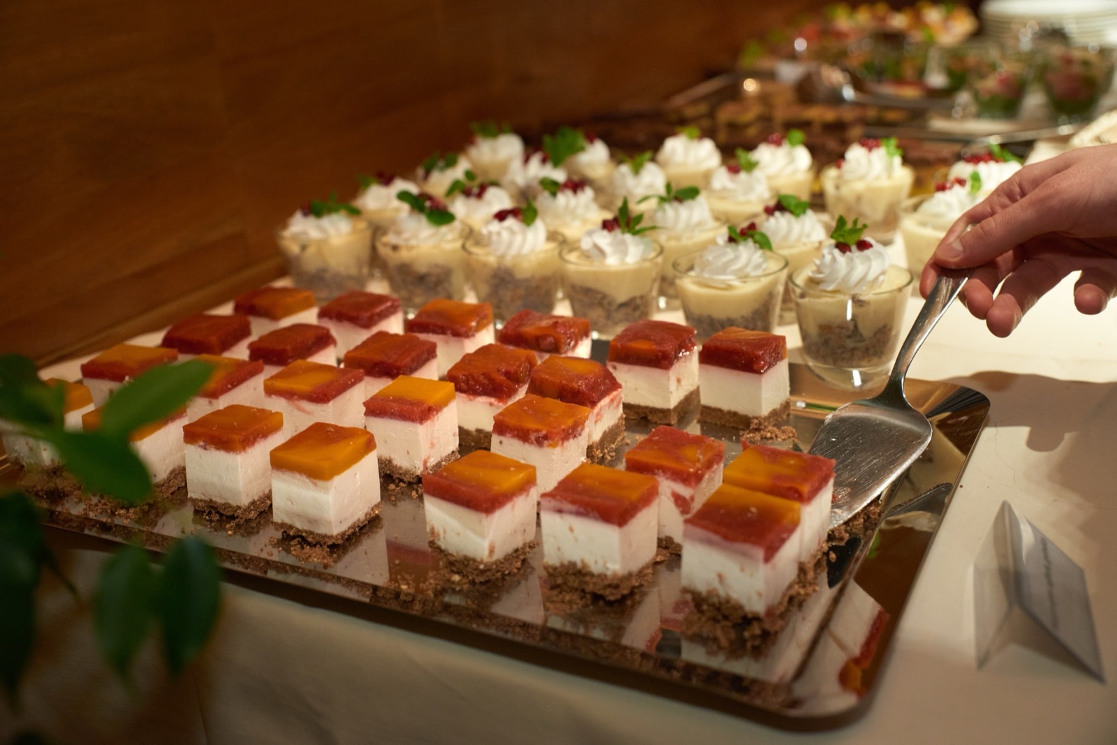 Desserts and sweets in glasses on the buffet table