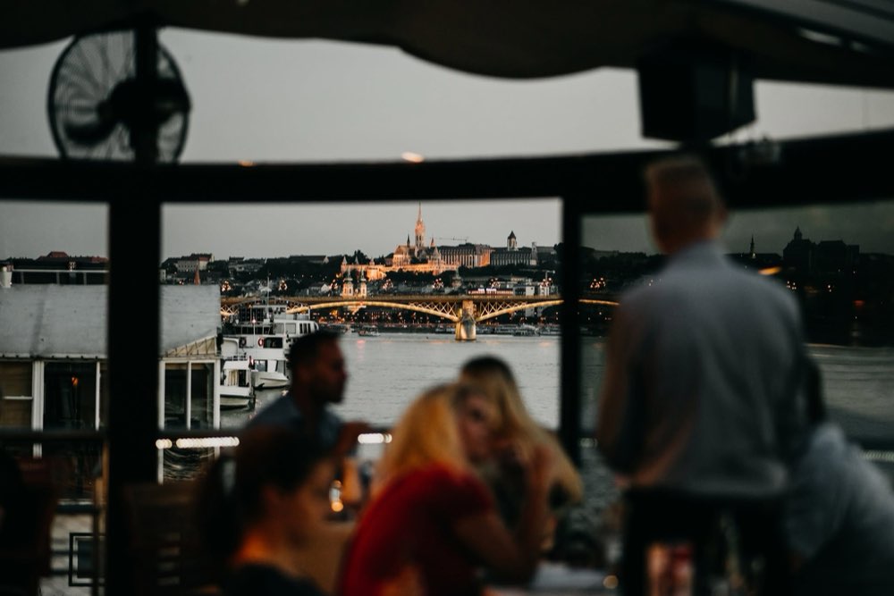 The view from the deck towards Margaret Bridge at dusk